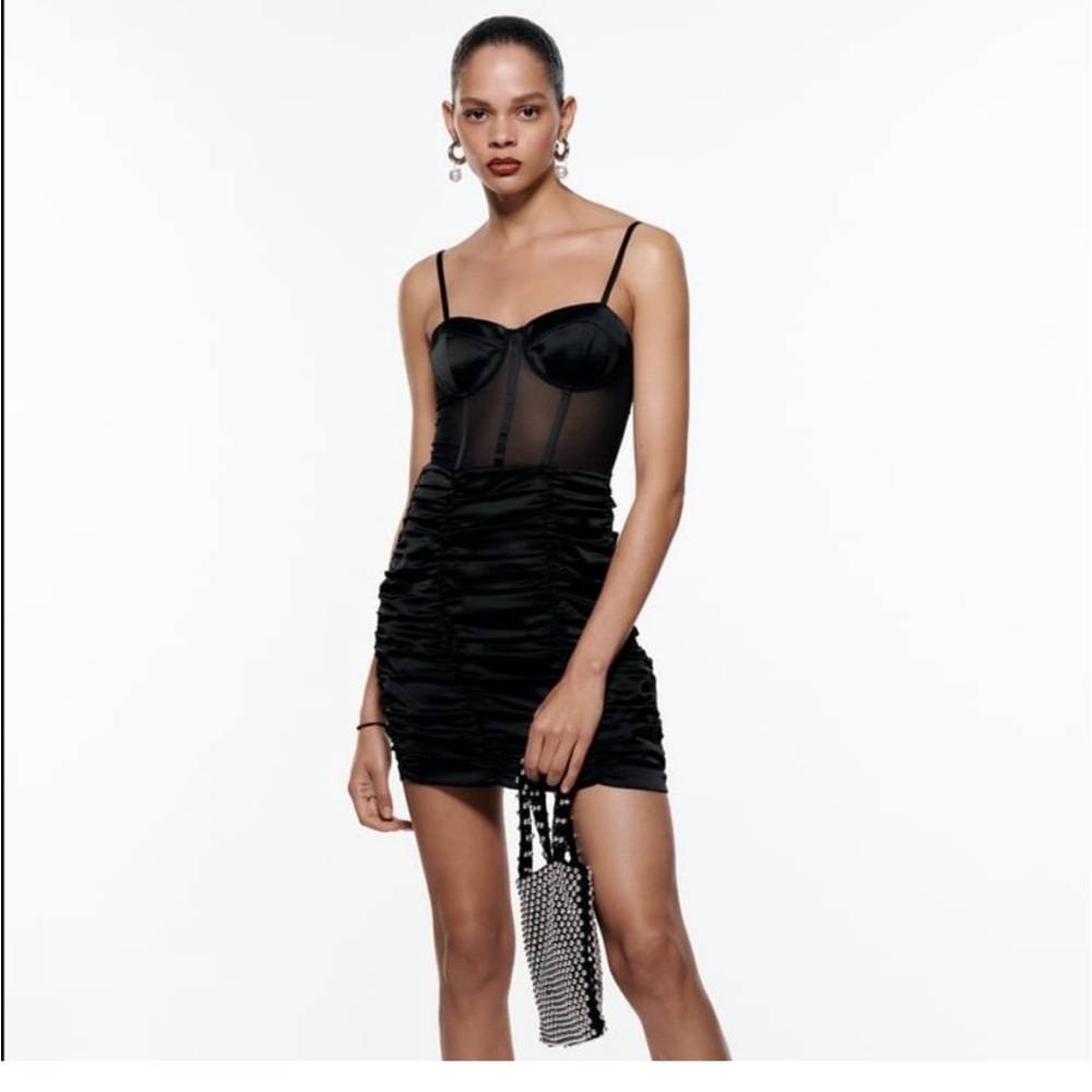Zara SEMI-SHEER DRESS V-neck mini dress with adjustable thin straps.